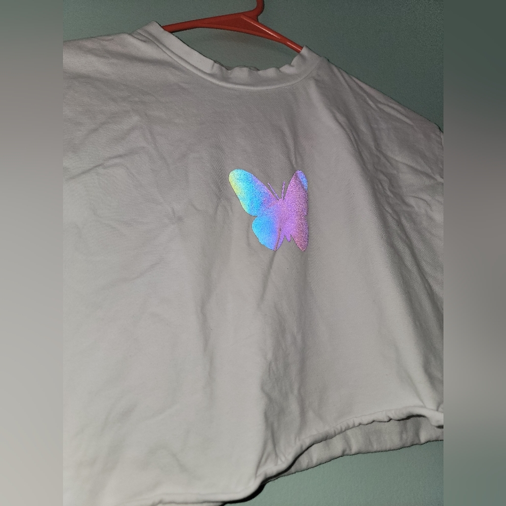 SHEIN White Butterfly Crop Top Size Small